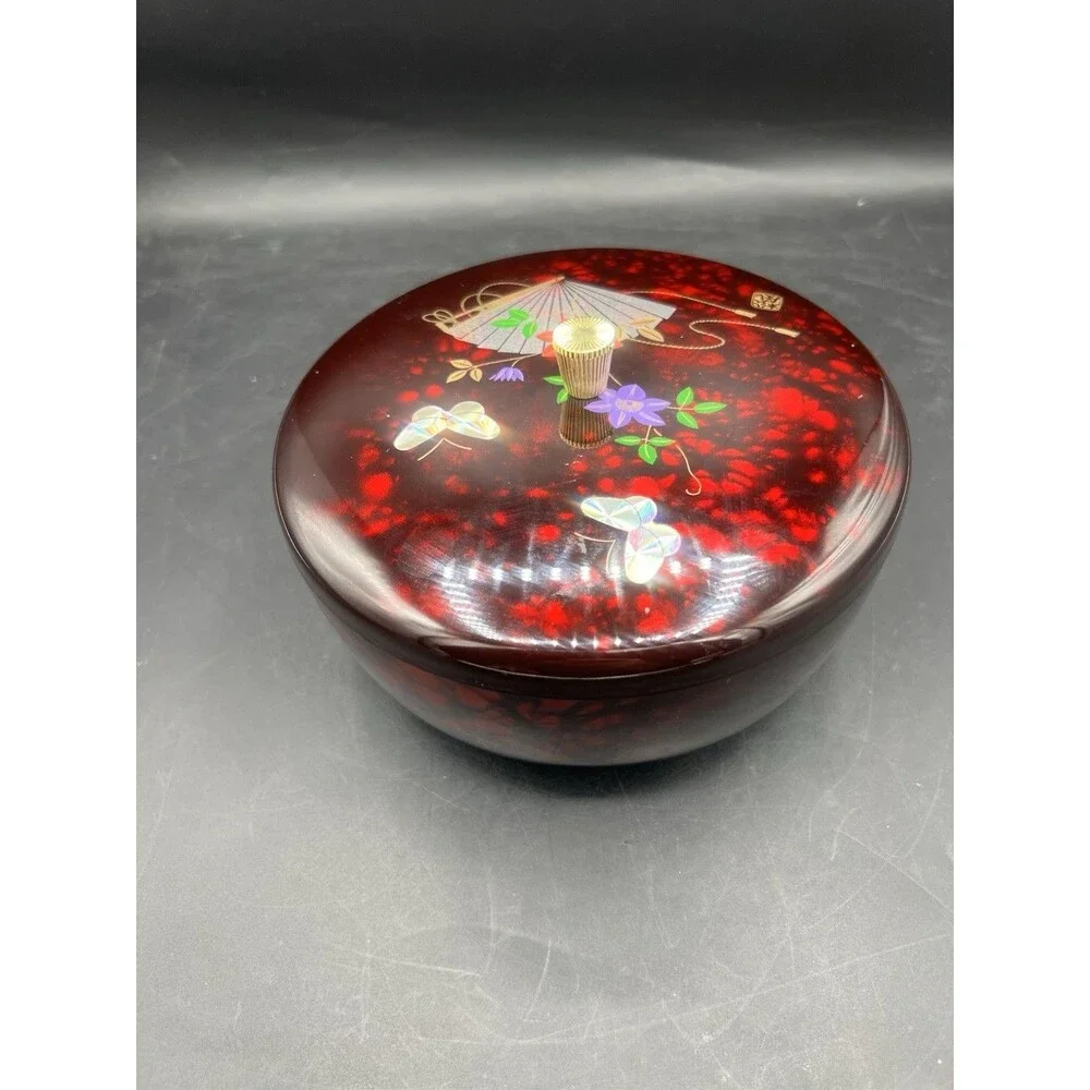 Vintage ONO Japanese Lacquer Style Jewelry Trinket Box Red Floral Fan Made Japan